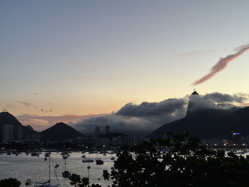 The Corcovado wrapped in cloud at dusk, seen from Urca, Rio de Janeiro