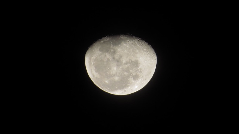 A nearly full moon against a black night sky