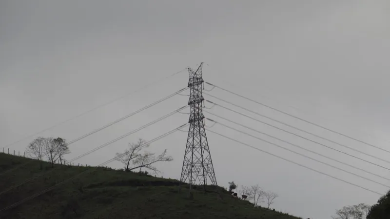 A transmission tower on a hillside under an overcast sky, cattle grazing below