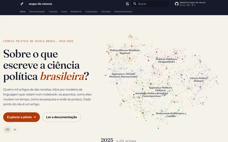 The mapa-da-ciencia site: the pilot’s articles drawn as a sky of topics
